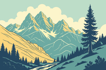 Fototapeta premium Stylized mountain landscape with pine trees and river