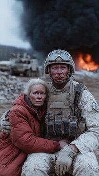 A compassionate soldier comforts an elderly civilian woman amidst the destruction of a warzone, a powerful depiction of humanity, rescue and the tragic consequences of armed conflict