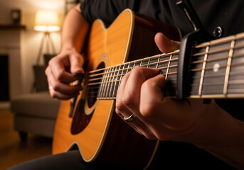 Fototapeta premium Close-up of Acoustic Guitar Player Using Capo