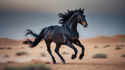 A black horse running freely in a desert landscape with sand dunes and sparse vegetation.