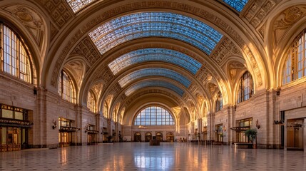 Grand Train Station Interior Sunrise, Spacious Waiting Area