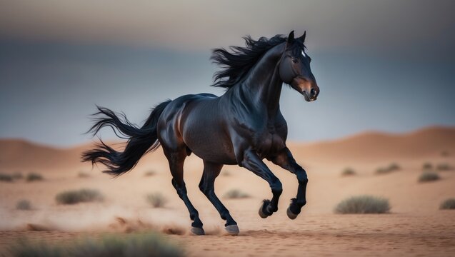 A black horse running freely in a desert landscape with sand dunes and sparse vegetation.