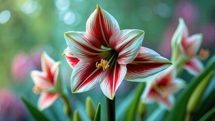 Fototapeta premium Colorful striped flower blooming with green foliage and blurred background, close-up.