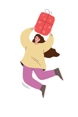 Woman jumping for joy with a gift box in her hands. Vector flat graphics.