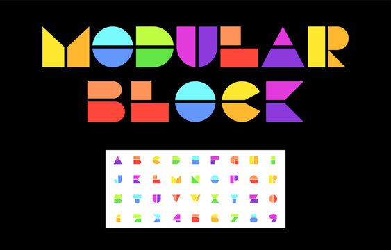 Bold Modular Block Alphabet Design with Angular Colorful Geometric Letters on Black Background