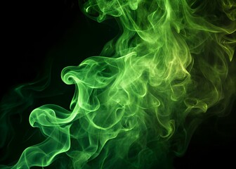 Green smoke rising against a black background with intricate swirling curls, glowing vapor texture, and luminous design details forming a vibrant modern abstract background for digital and creative us