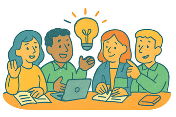 A hand-drawn naive illustration of a diverse team collaborating and having a brilliant "lightbulb moment" together.