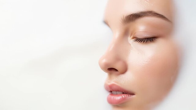 A serene close-up of a young woman's face with closed eyes, partially submerged in a milky white liquid, highlighting smooth skin and natural beauty.