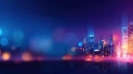 Fototapeta premium Vibrant city skyline at night with illuminated buildings and colorful bokeh lights in the background