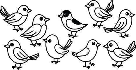 Cute Cartoon Birds Outline Set