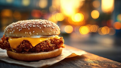 Crispy fried chicken cheeseburger at sunset