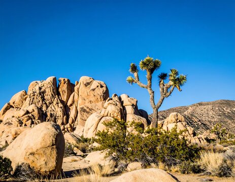 Desert landscape with rock formations and Joshua tree