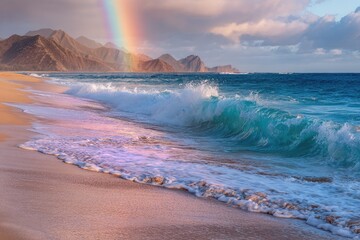 Beach scene with rainbow and waves