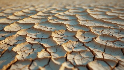 Cracked dry earth with parched, fragmented surface. Drought and desert landscape, arid soil, dry terrain. The image of soil decay and drought impact.