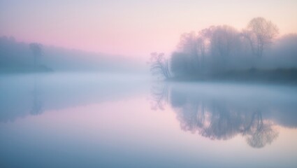Fototapeta premium Serene river scene with mist and trees during sunrise or sunset, capturing tranquil nature and peaceful reflections.