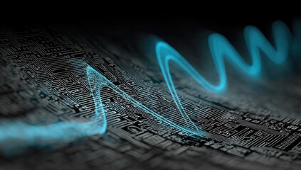 Circuit board with glowing, light blue waveforms