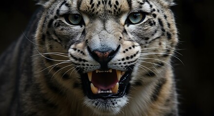 Naklejka premium Close-up portrait of a majestic snow leopard roaring with an open mouth, revealing sharp fangs and an intense gaze, against a dark background.