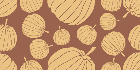 Seamless vector pattern of pumpkins in warm beige silhouette style on light brown background. Perfect for autumn decorations, seasonal packaging, home decor, textile prints, festive illustration
