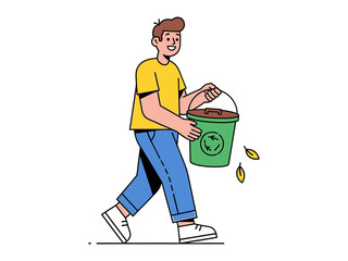 Eco-conscious stride: A person strides forward carrying a green recycling bucket, symbolizing dedication to environmental responsibility, conservation, and sustainable living.