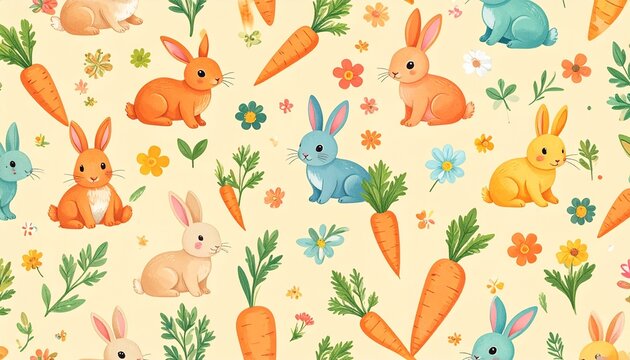 Colorful rabbits and carrots pattern design.