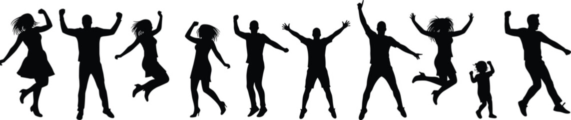 Silhouette of people jumping, celebrating, dancing in joy, energetic movement concept, group happiness, vector illustration for lifestyle, party, freedom themes