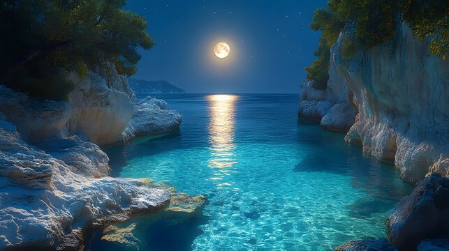 A stunning full moon illuminates the tranquil turquoise ocean waters led between rocky cliffs and lush green trees on a peaceful and serene night scene.