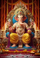 Fototapeta premium Lord Ganesha Blessing from a Golden Throne