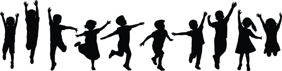 Silhouette of happy children jumping and running, group of kids playing outdoors, joyful childhood moment, fun and freedom illustration
