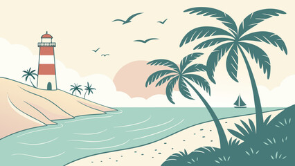 Obraz premium Coastal landscape with lighthouse palm trees and sailboat