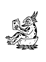 A unique black and white illustration of a demon reading a book