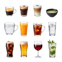 Collection of various beverages and drinks isolated on transparent background