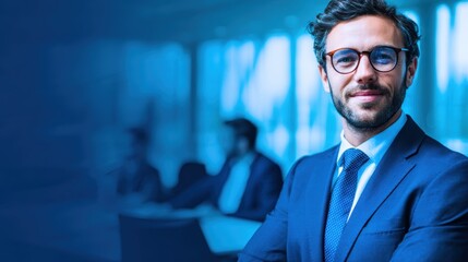 Confident businessman in a suit smiles at the camera with colleagues discussing in the background