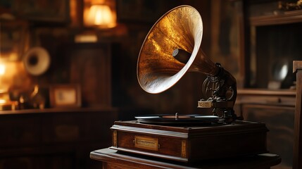 An old gramophone plays a record in a cozy vintage interior with warm ambient lighting, showcasing photorealistic detail and nostalgia.