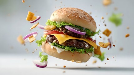 A floating cheeseburger explodes with ingredients in mid air