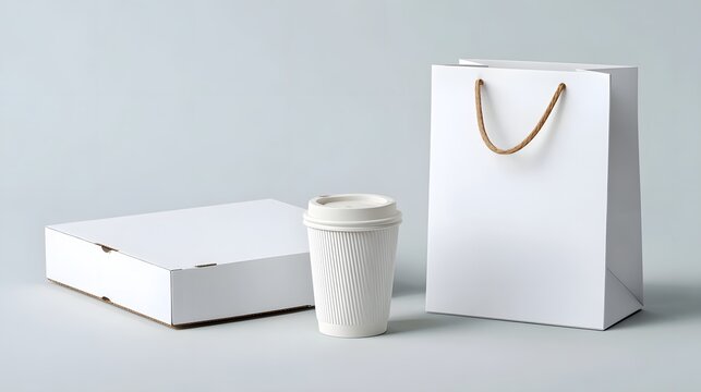 White coffee cup pizza box and paper bag on a minimalist background