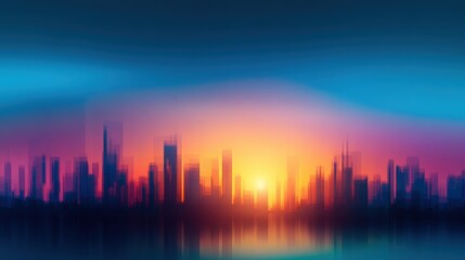 Fototapeta premium Vibrant city skyline at sunset with blurred reflections on water, creating a serene atmosphere