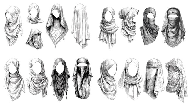 Black and white studies of headscarves and veils in diverse wraps including niqab and keffiyeh inspired looks, drawn with detailed shading. Ideal for concept boards, fashion reference, and design.