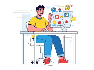 Digital Connection: A vibrant graphic depicts a person joyfully engaged with a desktop computer, surrounded by an array of digital interface elements.