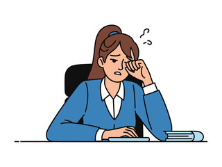 Overwhelmed at Work: A young woman struggles with the overwhelming workload at the desk, depicting a realistic illustration of stress and fatigue in a modern work environment.