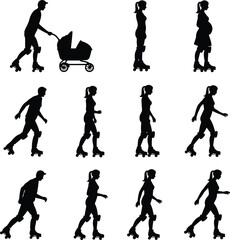 Silhouette of people roller skating, man, woman, pregnant lady, and parent with stroller, outdoor active lifestyle vector collection