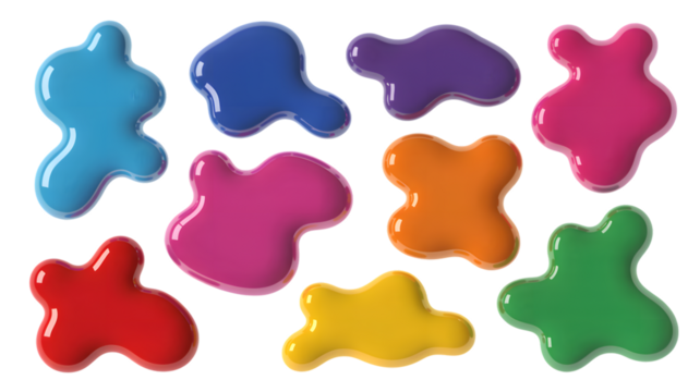 Isolated arrangement of eight colorful glossy paint blobs on a plain black studio backdrop scene