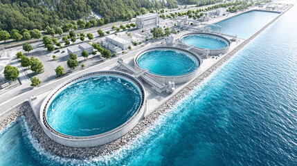 Coastal Desalination Plant with Circular Basins Clean Water Technology for Sustainable