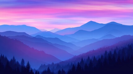 Obraz premium Serene twilight landscape showcasing layered mountains and vibrant sky with tranquil forest below