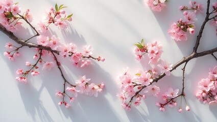 Obraz premium Cherry blossom branches with pink flowers on a white background. Nature and blooming flowers, floral and botanical themes. Spring and renewal concept.