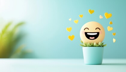 A cheerful, smiley face emoji sits in a small pot with green plants, radiating happiness with floating hearts against a soft blue background.