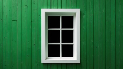 Fototapeta premium White window on a green wooden wall.