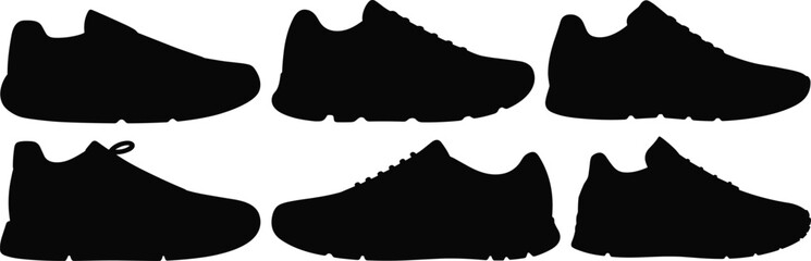 Silhouette of various stylish sneakers, modern athletic shoes, casual footwear collection, running shoes, sport shoes, comfortable sneakers, trendy footwear, shoe side view, unisex sneaker designs.