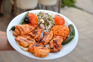 grilled chicken plate bulgur pilaf salad
