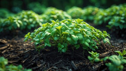Young green sprouts growing from the soil in a garden or farm, representing new growth and plant development.