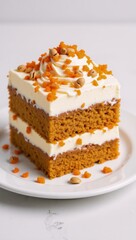 A delightful slice of carrot cake with cream and nuts on a white plate ideal for tea parties or holidays